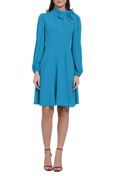 Maggy London Catalina Tie Neck Long Sleeve Fit & Flare Crepe Dress In Brilliant Blue