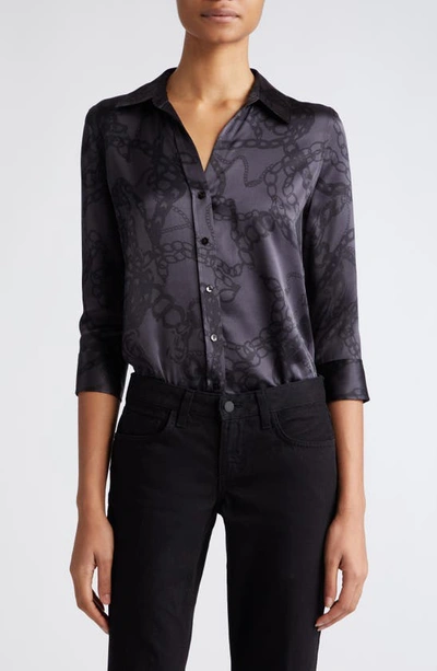 L Agence Dani Three-quarter Sleeve Silk Button-up Shirt In Black Allover Chain