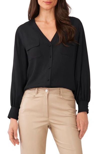 Vince Camuto V-neck Button-up Blouse In Rich Black