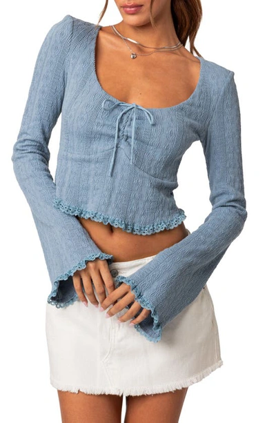Edikted Lacey Ruched Bell Sleeve Stretch Cotton Crop Top In Blue