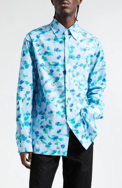 Marni Floral Print Cotton Button-up Shirt In Light Blue