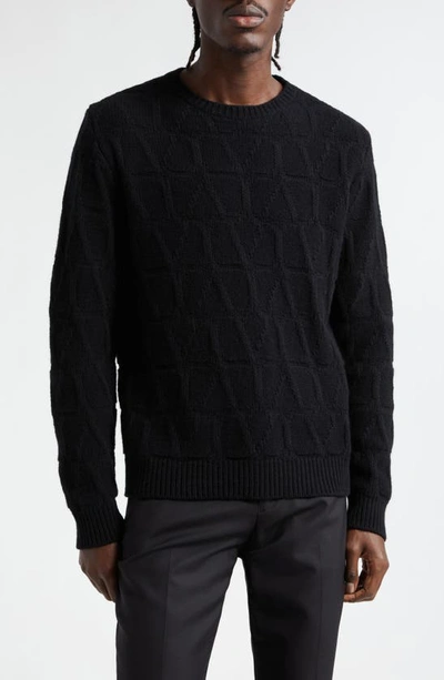 Valentino Rockstud Virgin Wool Crewneck Sweater In Toile Iconograph Nero/ Nero