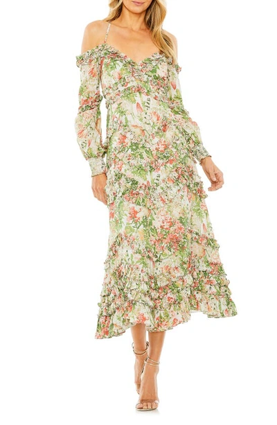 Mac Duggal Floral Print Ruffle Cold Shoulder Long Sleeve Midi Dress In White
