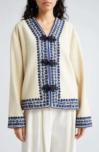 Bode Caracalla Vine Wool Jacket In Ivory/ Blue