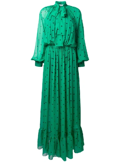 Msgm Pussy-bow Polka-dot Silk-chiffon Maxi Dress In Jade