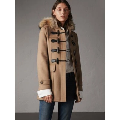 Burberry Detachable Fur Trim Wool Duffle Coat In Camel | ModeSens