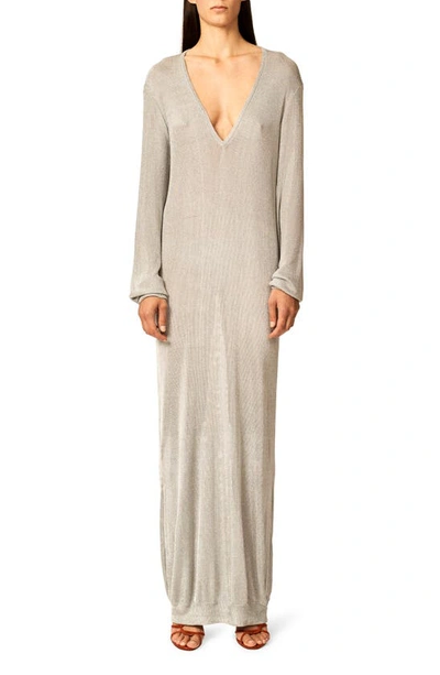 Interior The Croft Metallic Plunge Neck Long Sleeve Sweater Dress In Silver