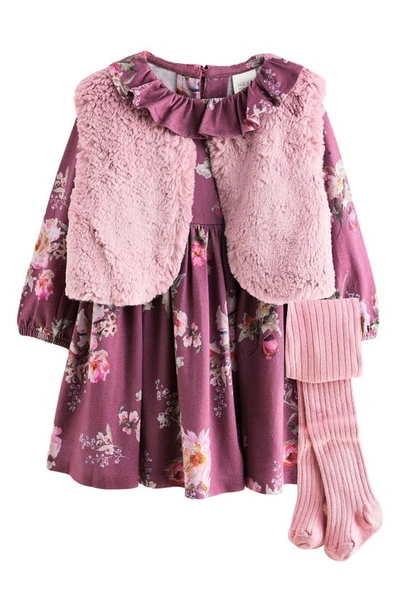 Next Kids' Floral Dress, Faux Fur Vest & Tights Set In Purple