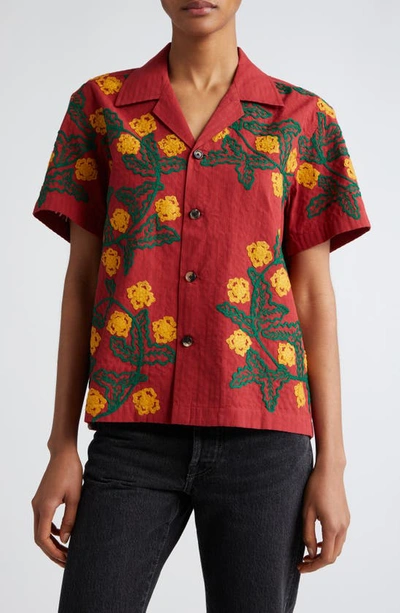 Bode Marigold Wreath Embroidered Cotton Camp Shirt In Maroon Multi