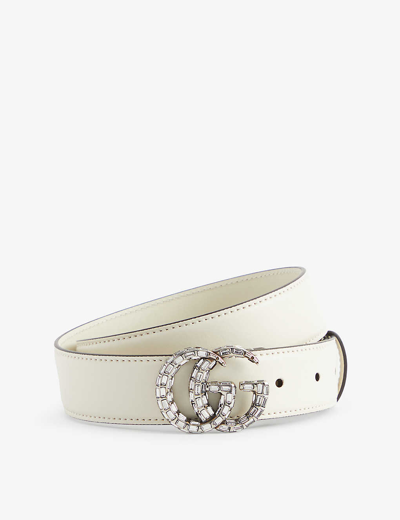 Gucci Double G Crystal-embellished Belt In M.white/crystal