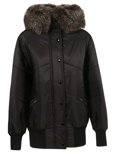 Miu Miu Knitted Fur Collar Parka In Nero