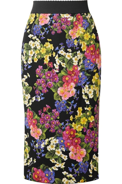 Dolce & Gabbana Floral Stretch Silk Pencil Skirt In Black