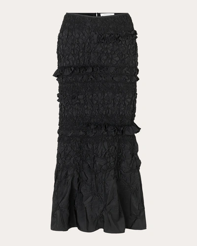 Cecilie Bahnsen Smocked Ruffle Recycled Faille Maxi Skirt In Black