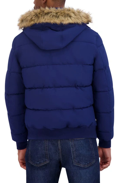 Nautica Faux Fur Trim Water Resistant Bomber Jacket In Night Blue