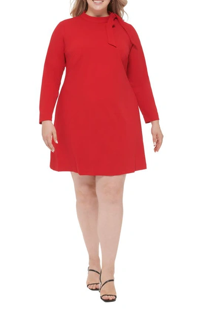 Calvin Klein Tie Neck Long Sleeve Shift Dress In Red