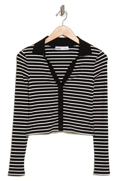 Elodie Stripe Stretch Cotton Open Collar Button Top In Black/ White Stripe