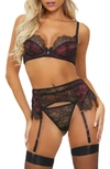 Seven 'til Midnight Lace Bra, Garter Belt & Thong Set In Black/ Wine