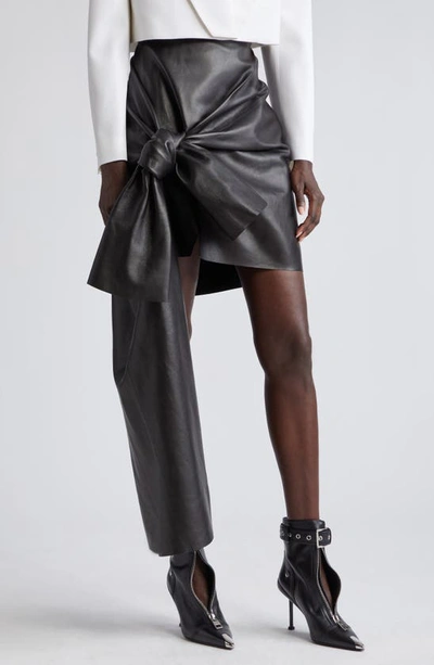 Alexander Mcqueen Knot Drape Lambskin Leather Miniskirt In Black