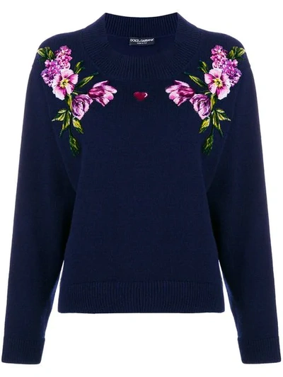 Dolce & Gabbana Knit Pull With Rose Patches In Blublu