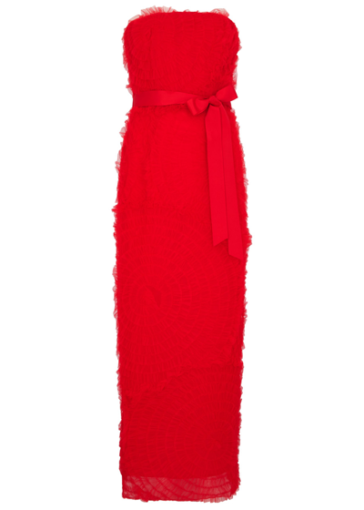 Huishan Zhang Monica Strapless Grosgrain-trimmed Ruffled Tulle Maxi Dress In Red