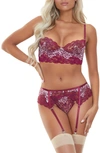 Seven 'til Midnight Seven ‘til Midnight Lace Underwire Bra, Garter Belt & G-string Set In Wine