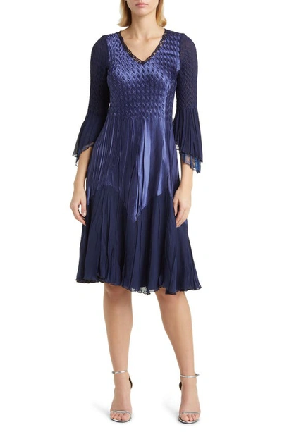 Komarov Amna Bell Sleeve Chiffon & Lace A-line Dress In Midnight Navy