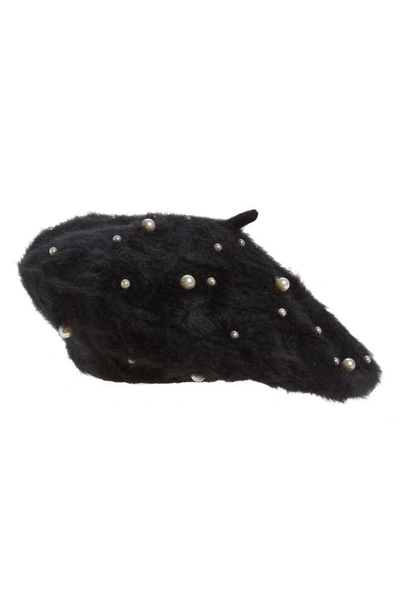 Bp. Pearly Bead Fuzzy Beret In White- Black