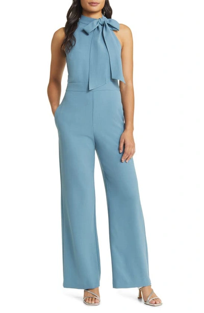 Vince Camuto Bow Neck Stretch Crepe Jumpsuit In Dusty Blue