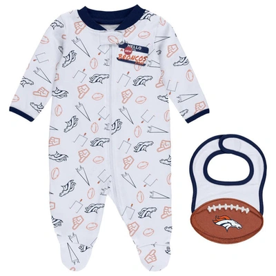 Wear By Erin Andrews Babies' Newborn & Infant  White Denver Broncos Sleep & Play Full-zip Sleeper & Bib Set In Navy