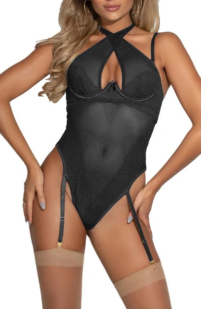 Seven 'til Midnight Seven ‘til Midnight Halter Lace & Mesh Teddy In Black