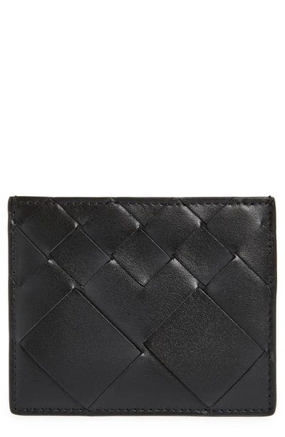 Bottega Veneta Intrecciato Leather Card Case In 8803 Black/ Silver