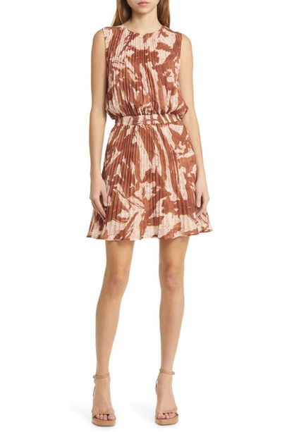 Socialite Pleated Sleeveless Minidress In Brown Multi Print