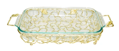 Classic Touch Decor Rectangular Gold Handled Pyrex Holder With Leaf Design