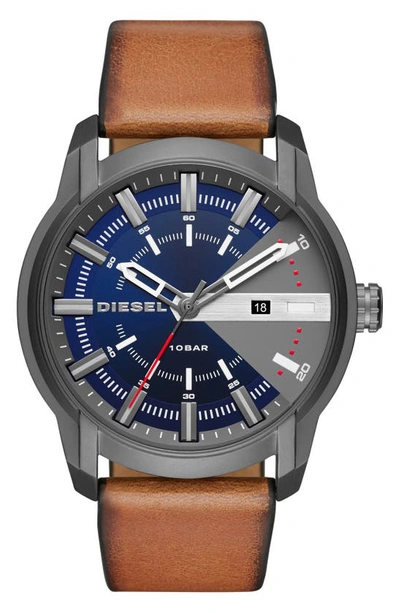 Diesel Armbar Three-hand Leather Strap Watch, 45mm In Gunmetal