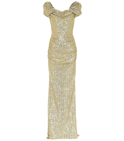 Dolce & Gabbana Sequined Puff-sleeve Gown In Gold