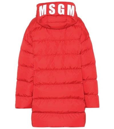 Msgm Logo Hooded Quilted Coat In Red