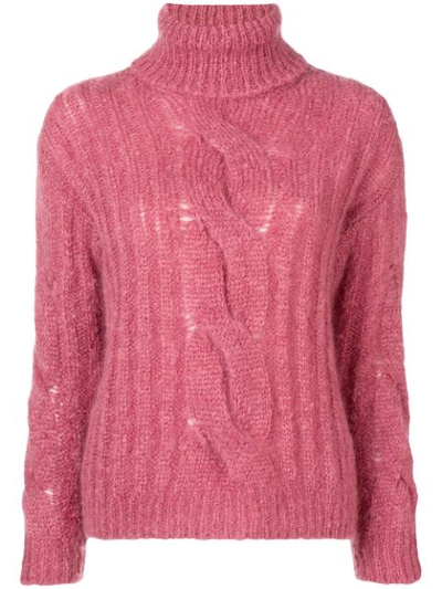 Max Mara Cable-knit Mohair-blend Turtleneck Sweater In Pink
