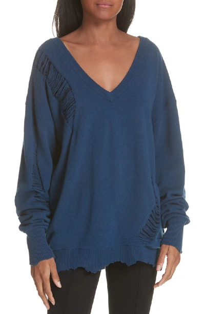 Helmut Lang Wide V-neck Distressed Wool Pullover Sweater In Blue