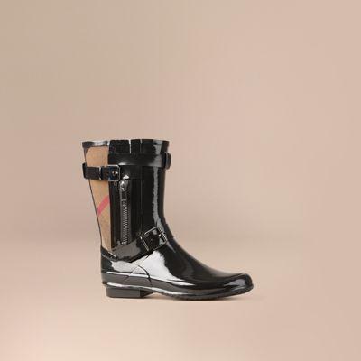 buckle and strap detail check rain boots