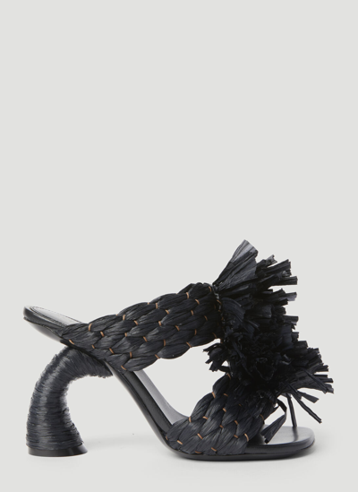 Dries Van Noten Raffia Fringe Dual-band Slide Sandals In Black