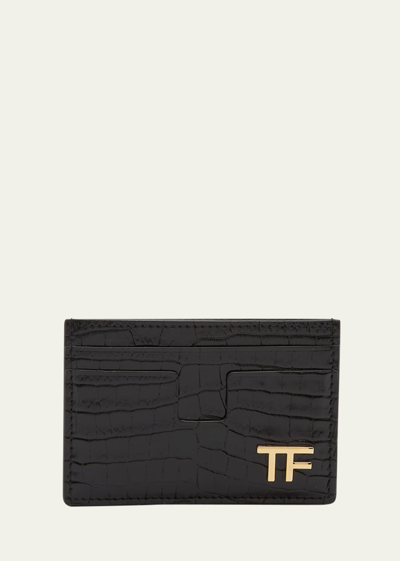 Tom Ford T Line Card Holder In Croco Embossed Leather In 1n001 Black