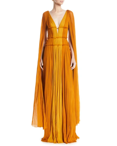 J Mendel Deep-v Cape-sleeve Fitted-waist Colorblock Draped Evening Gown In Gold