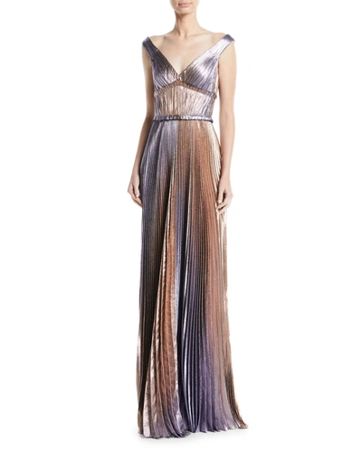 J Mendel V-neck Empire-waist Pleated Metallic Evening Gown, Lavender