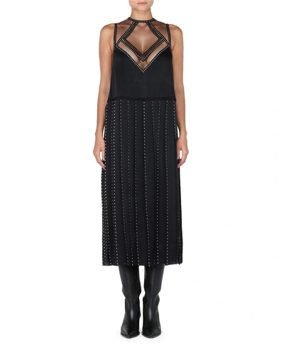 Fendi Sleeveless Studded Sheath Dress W/ Illusion Neck & Carwash Hem In Black