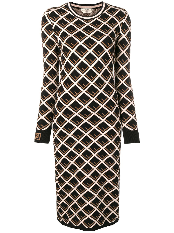 Fendi Long-sleeve Logo-knit Midi Dress In Black | ModeSens