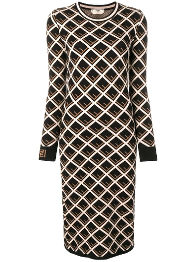 Fendi Long-sleeve Logo-knit Midi Dress In Black