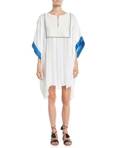 Zeus And Dione Slit-neck Textured Silk Caftan W/ Embroidery In Ivory