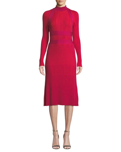 Cedric Charlier Mock-neck Long-sleeve Ribbed Wool A-line Dress In Pink Pattern
