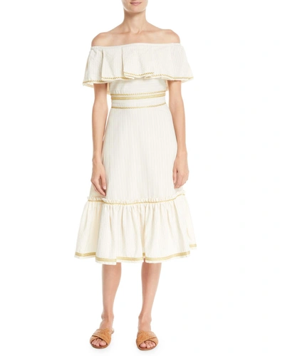 Zeus And Dione Off-the-shoulder Embossed Striped Cotton Midi Dress In Beige