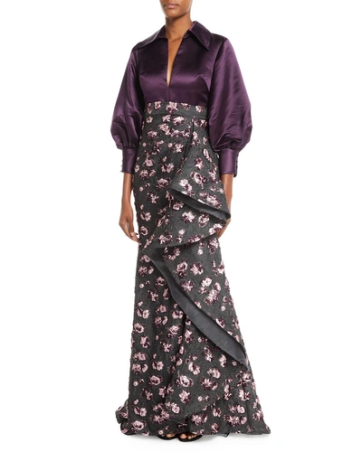 Badgley Mischka Split-neck Long-sleeve Satin-top Cascade Floral-embroidered Evening Gown In Black/purple